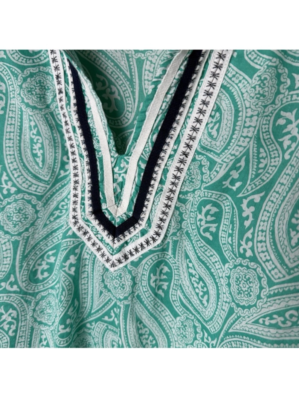 Talbots Tunic Top Plus Size 1X 3/4 Sleeves Cotton Paisley Green White Navy Blue - Picture 4 of 7